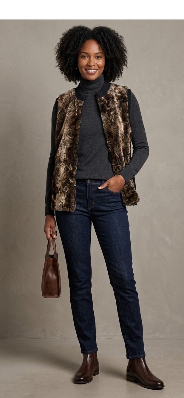 Parkhurst Women's XL Knit Sweater Vest Faux Fur Animal Print Open Front